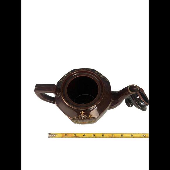 Vintage Brown Betty Redware Hand Painted Teapot Made in Japan Gold Red White - Picture 9 of 12